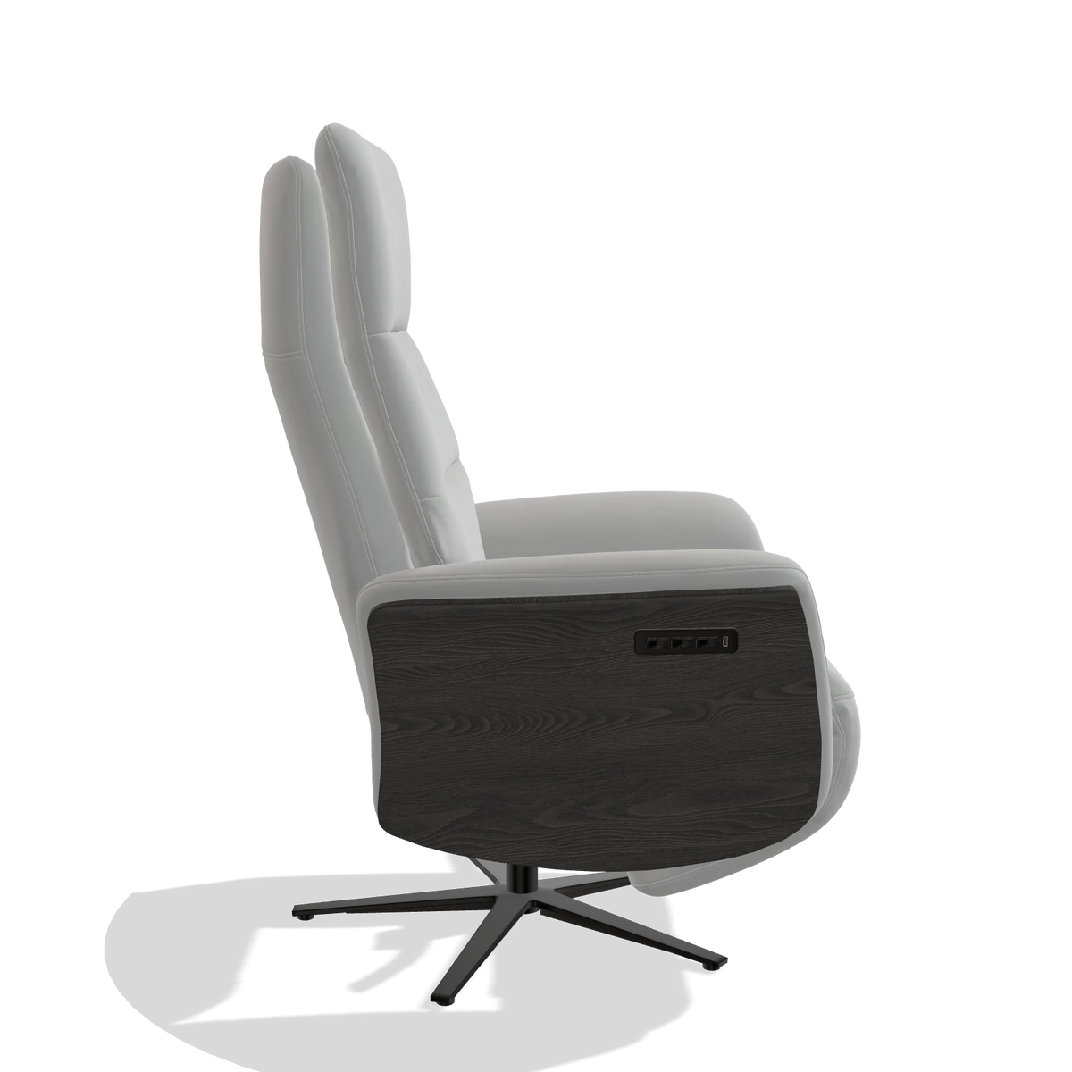 Recliner Atlas 6685 in Leather B904 (light grey), tobacco wood side panels, black metal base, side view