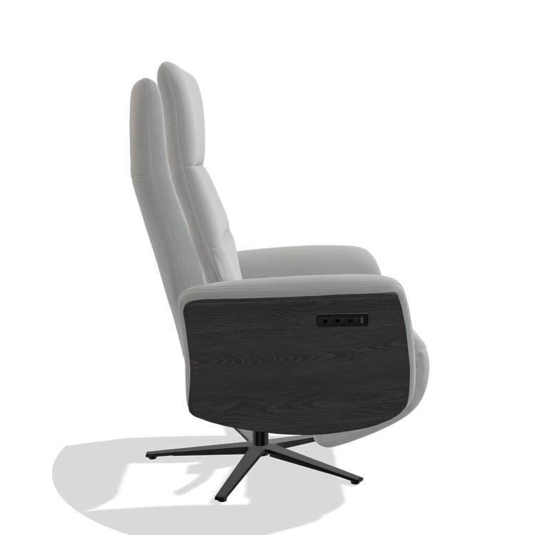 Recliner Atlas 6685 in Leather B904 (light grey), tobacco wood side panels, black metal base, side view