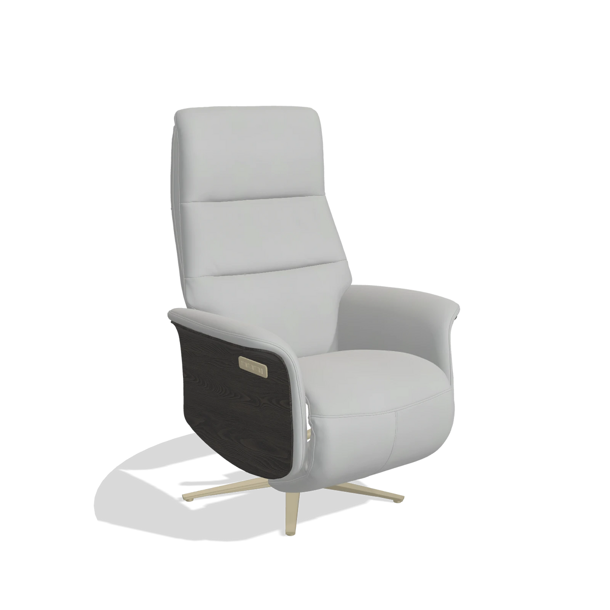 Recliner Atlas 6685 in Leather B904 (light grey), tobacco wood side panels, champagne metal base, angled view