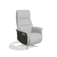 Recliner Atlas 6685 in Leather B904 (light grey), tobacco wood side panels, champagne metal base, angled view