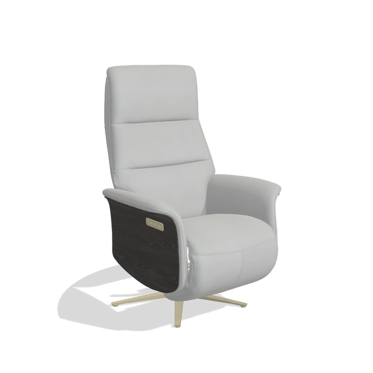 Recliner Atlas 6685 in Leather B904 (light grey), tobacco wood side panels, champagne metal base, angled view