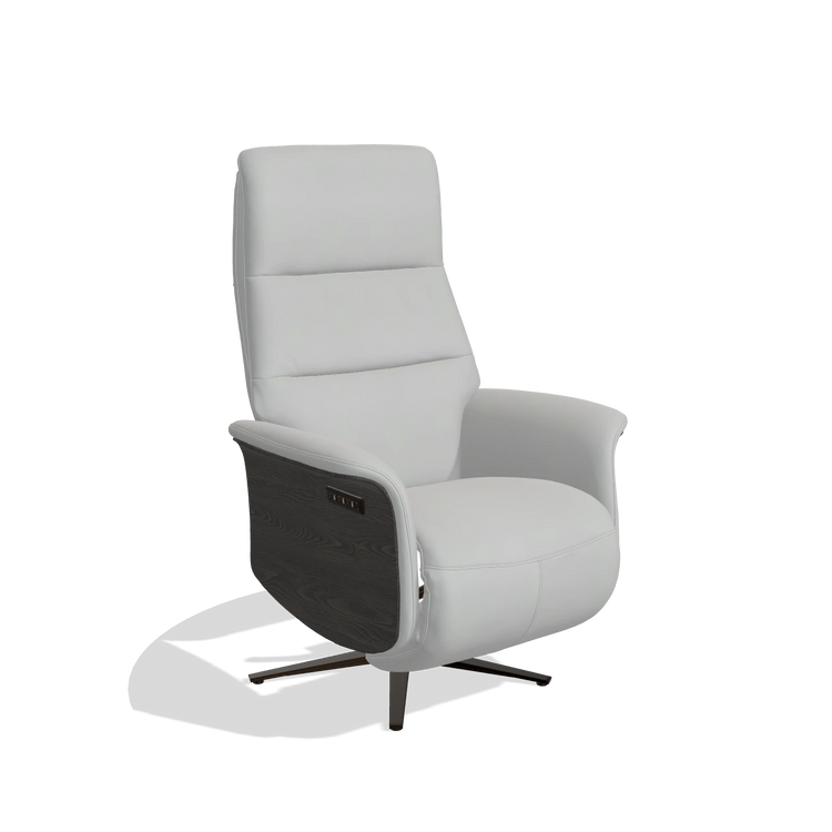 Recliner Atlas 6685 in Leather B904 (light grey), tobacco wood side panels, espresso metal base, angled view