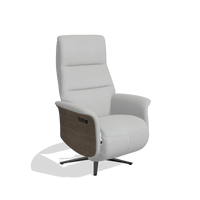 Recliner Atlas 6685 in Leather B904 (light grey), walnut wood side panels, black metal base, angled view