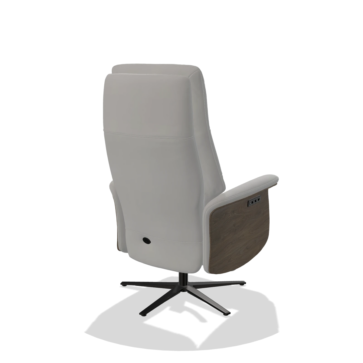 Recliner Atlas 6685 in Leather B904 (light grey), walnut wood side panels, black metal base, back angled view
