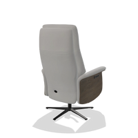 Recliner Atlas 6685 in Leather B904 (light grey), walnut wood side panels, black metal base, back angled view