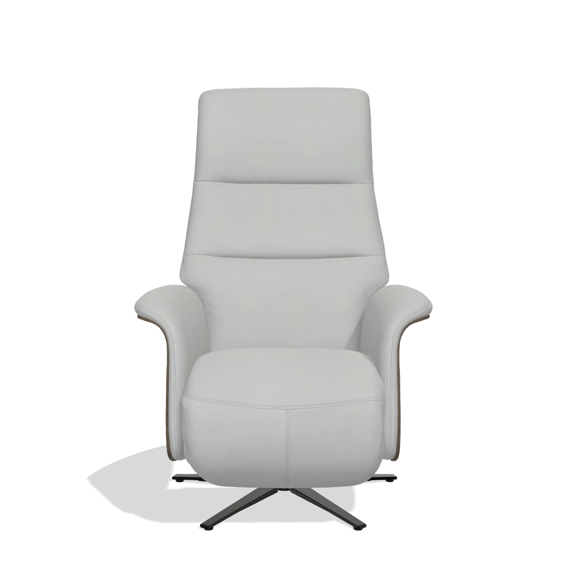 Recliner Atlas 6685 in Leather B904 (light grey), walnut wood side panels, black metal base, front view
