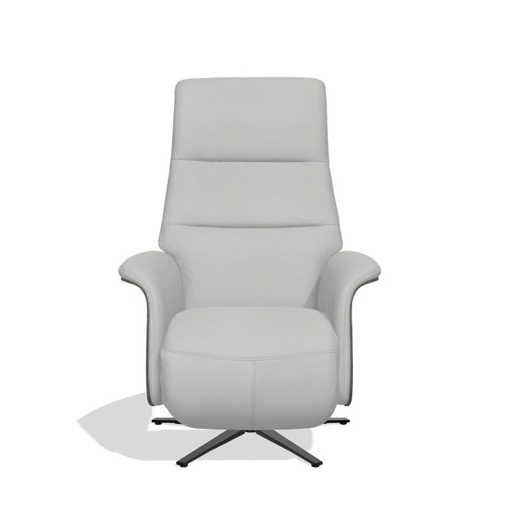 Recliner Atlas 6685 in Leather B904 (light grey), walnut wood side panels, black metal base, front view