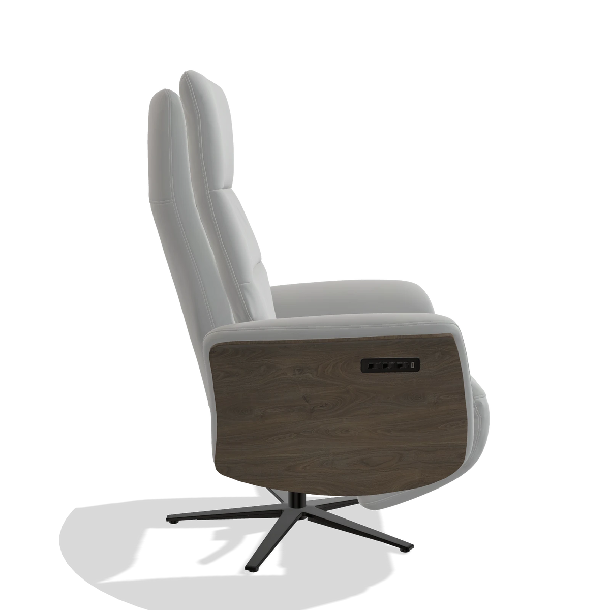 Recliner Atlas 6685 in Leather B904 (light grey), walnut wood side panels, black metal base, side view