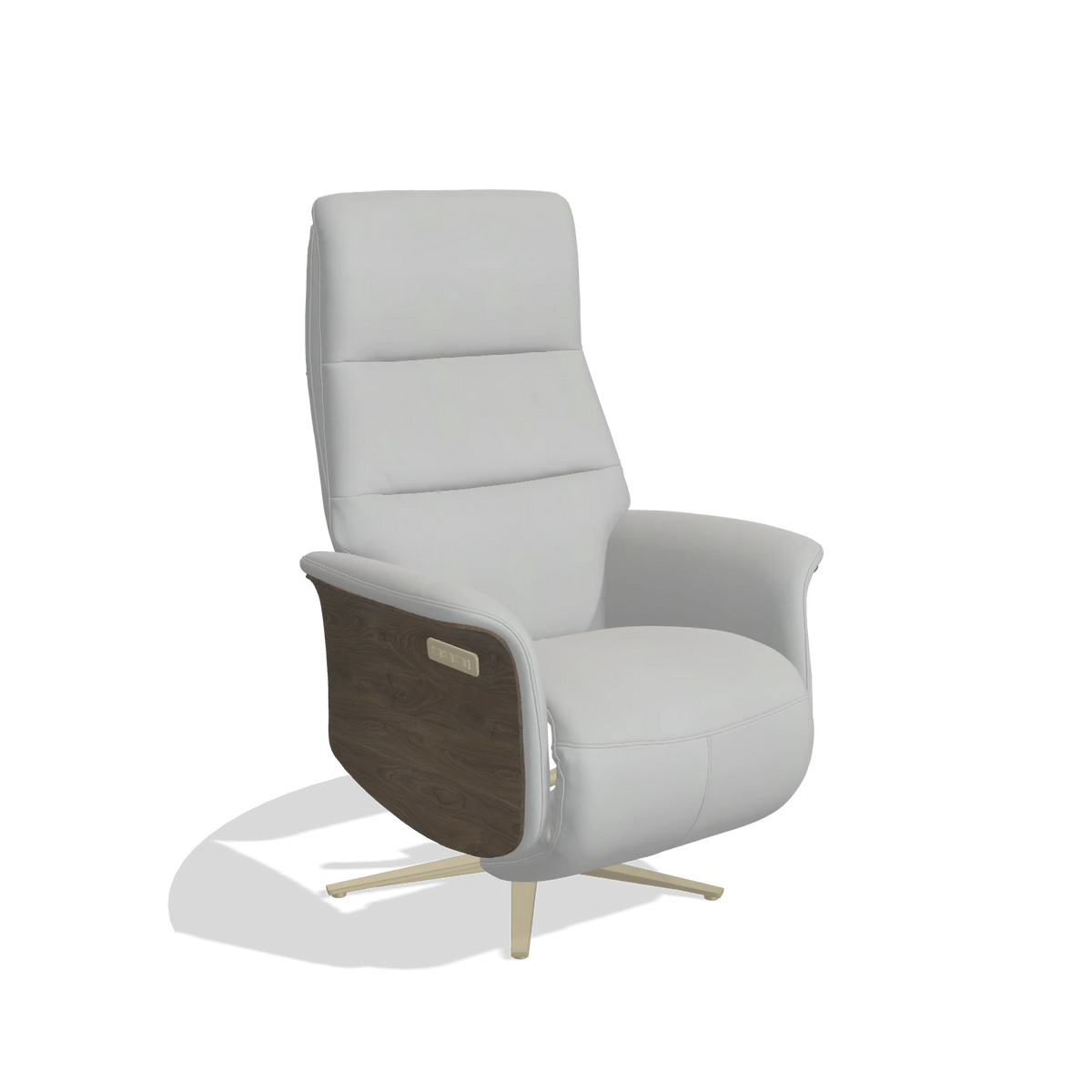 Recliner Atlas 6685 in Leather B904 (light grey), walnut wood side panels, champagne metal base, angled view