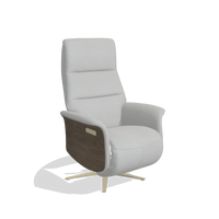 Recliner Atlas 6685 in Leather B904 (light grey), walnut wood side panels, champagne metal base, angled view