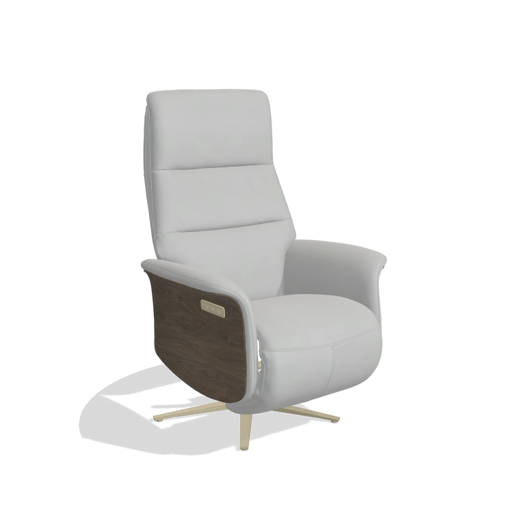 Recliner Atlas 6685 in Leather B904 (light grey), walnut wood side panels, champagne metal base, angled view