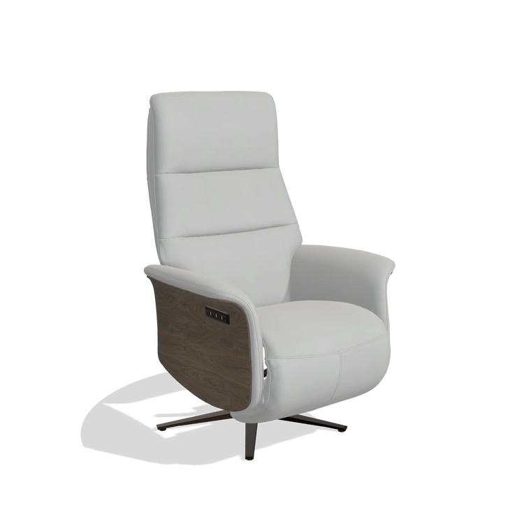 Recliner Atlas 6685 in Leather B904 (light grey), walnut wood side panels, espresso metal base, angled view
