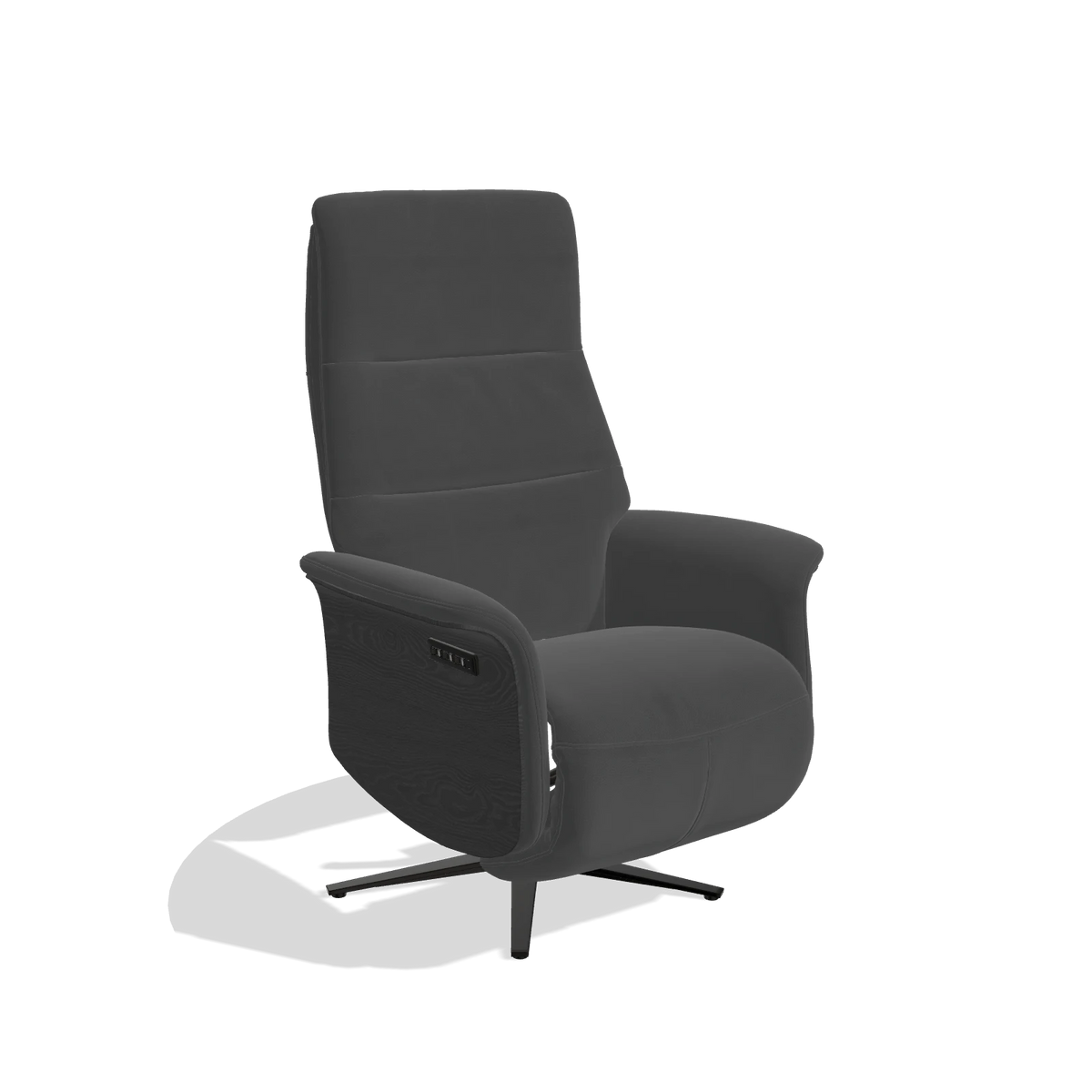 Recliner Atlas 6685 in Leather B905 (anthracite), black wood side panels, black metal base, angled view