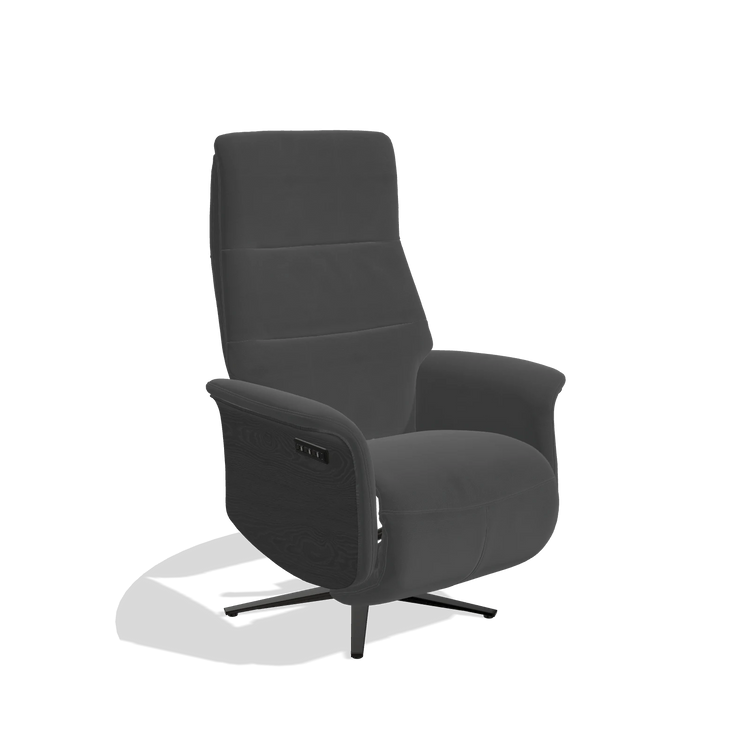 Recliner Atlas 6685 in Leather B905 (anthracite), black wood side panels, black metal base, angled view