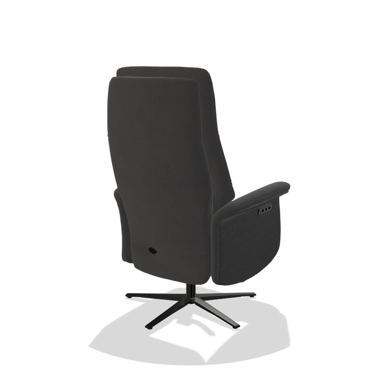 Recliner Atlas 6685 in Leather B905 (anthracite), black wood side panels, black metal base, back angled view