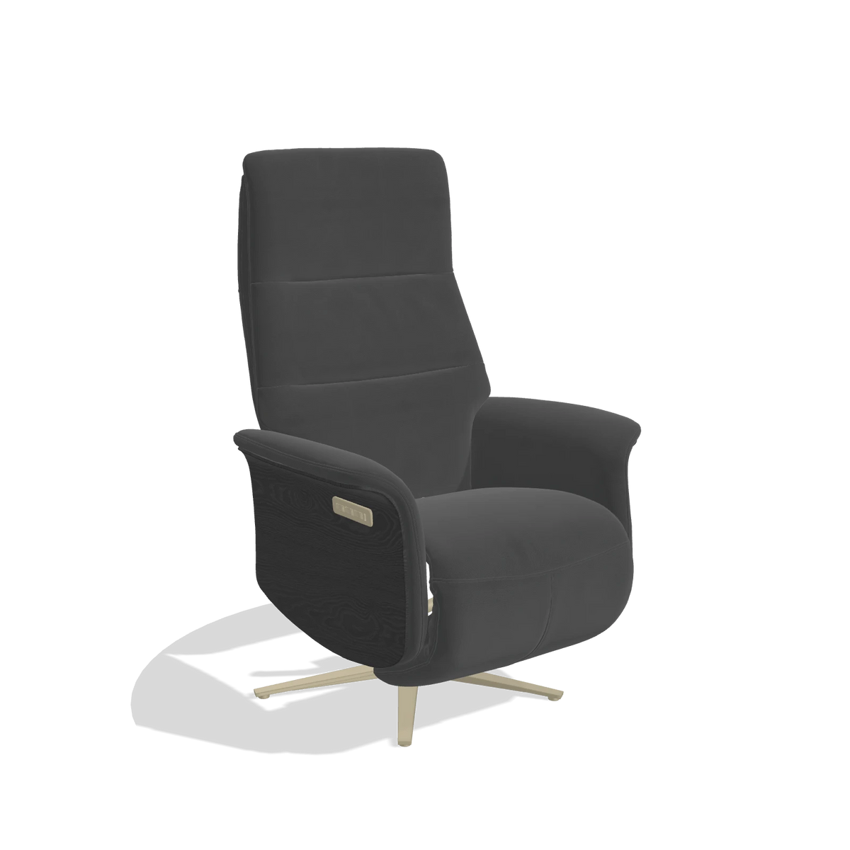 Recliner Atlas 6685 in Leather B905 (anthracite), black wood side panels, champagne metal base, angled view
