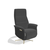 Recliner Atlas 6685 in Leather B905 (anthracite), black wood side panels, champagne metal base, angled view