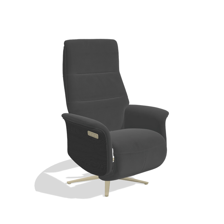 Recliner Atlas 6685 in Leather B905 (anthracite), black wood side panels, champagne metal base, angled view
