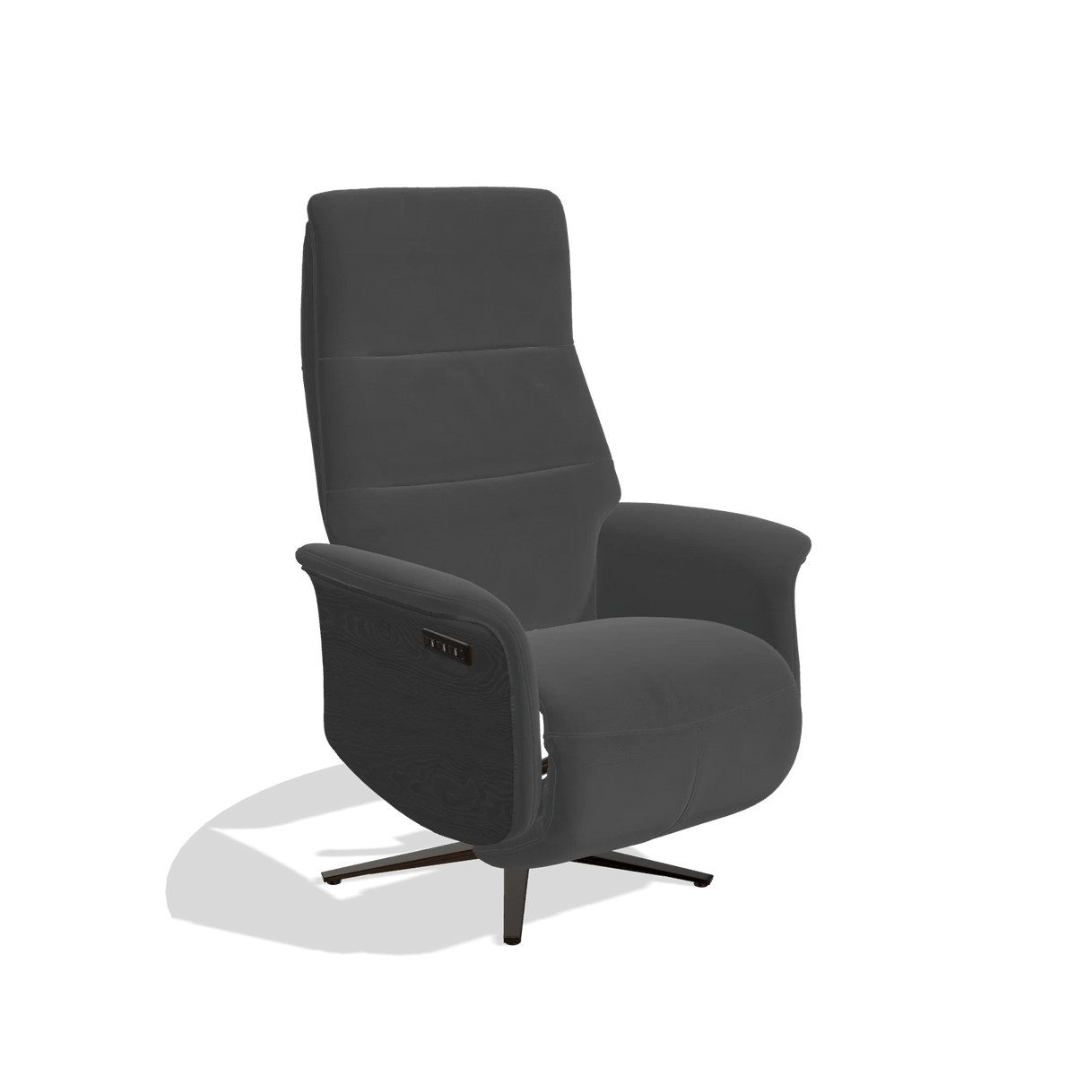Recliner Atlas 6685 in Leather B905 (anthracite), black wood side panels, espresso metal base, angled view