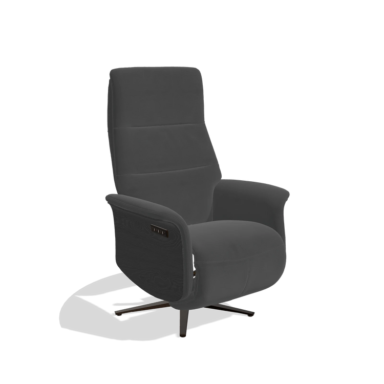 Recliner Atlas 6685 in Leather B905 (anthracite), black wood side panels, espresso metal base, angled view