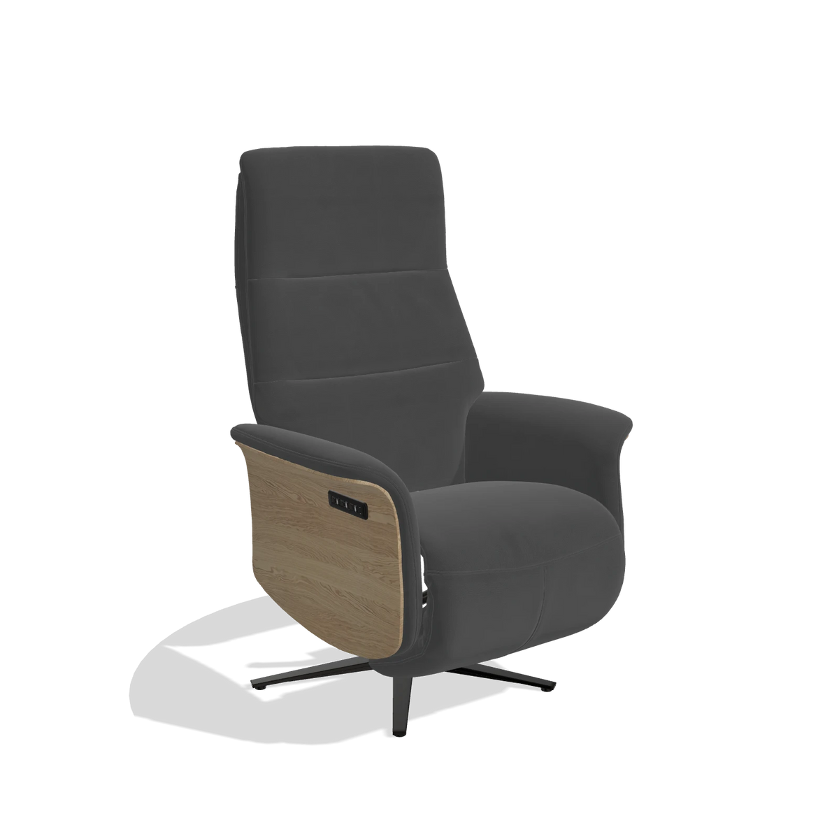 Recliner Atlas 6685 in Leather B905 (anthracite), natural wood side panels, black metal base, angled view