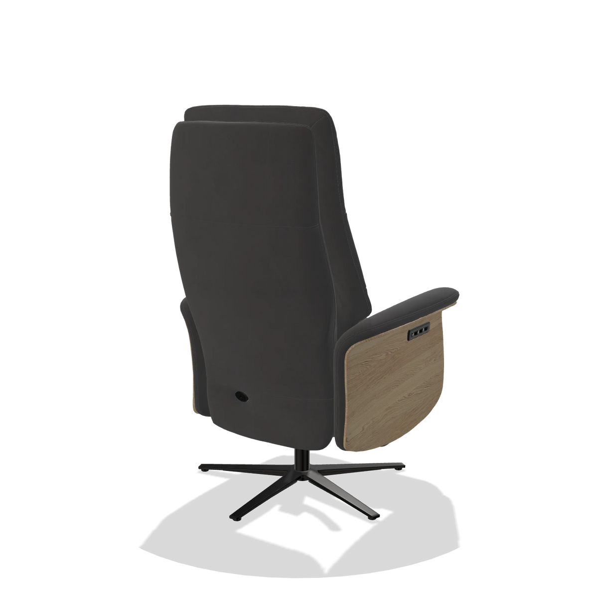 Recliner Atlas 6685 in Leather B905 (anthracite), natural wood side panels, black metal base, back angled view