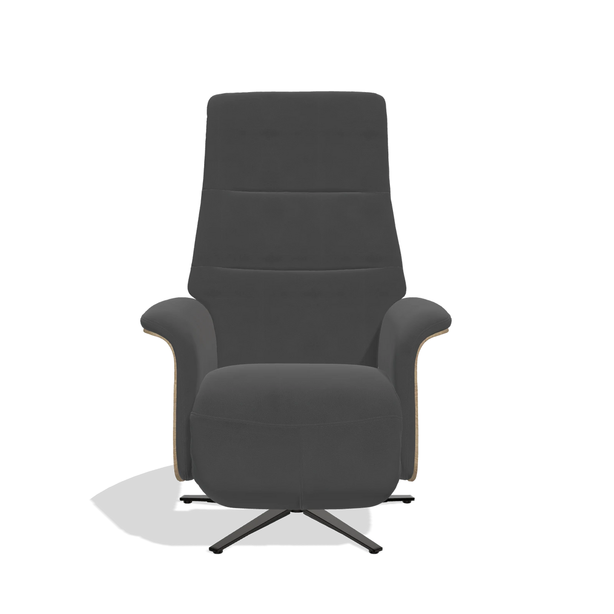 Recliner Atlas 6685 in Leather B905 (anthracite), natural wood side panels, black metal base, front view