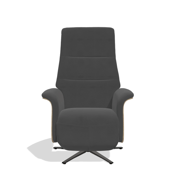 Recliner Atlas 6685 in Leather B905 (anthracite), natural wood side panels, black metal base, front view