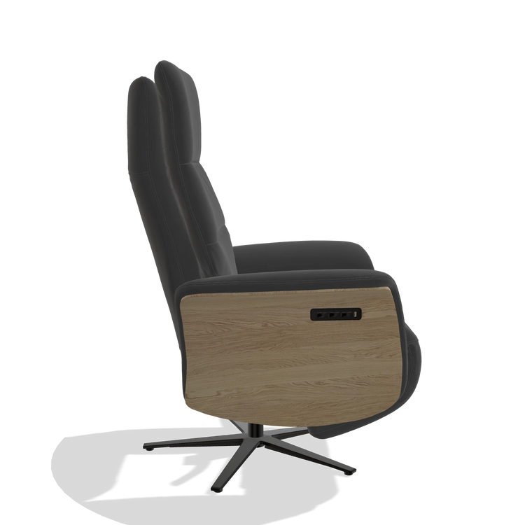 Recliner Atlas 6685 in Leather B905 (anthracite), natural wood side panels, black metal base, side view