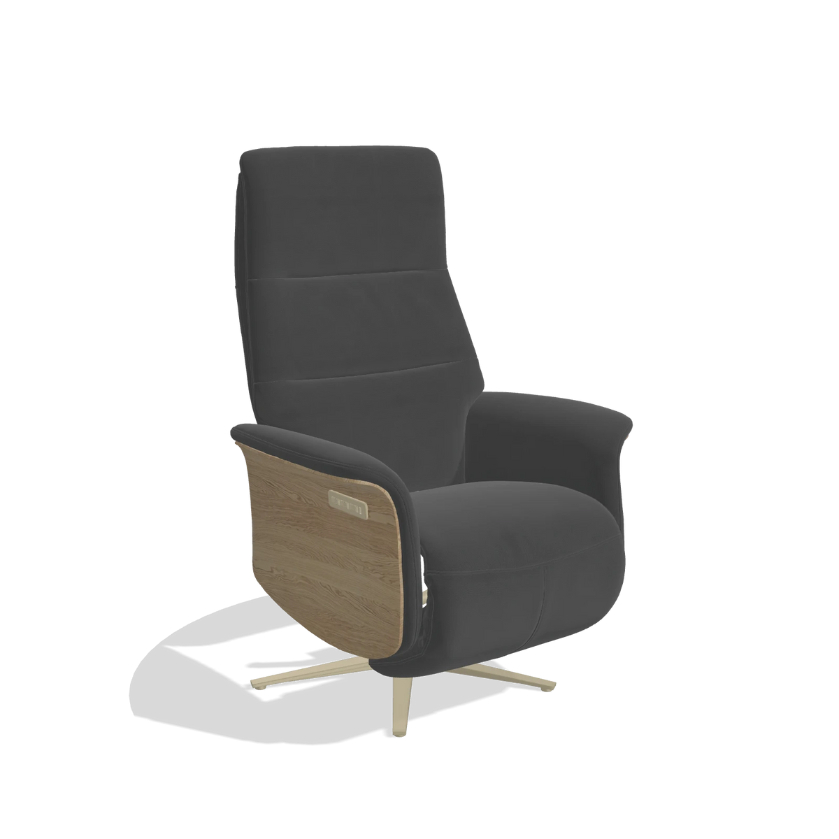 Recliner Atlas 6685 in Leather B905 (anthracite), natural wood side panels, champagne metal base, angled view
