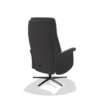 Recliner Atlas 6685 in Leather B905 (anthracite), tobacco wood side panels, black metal base, back angled view