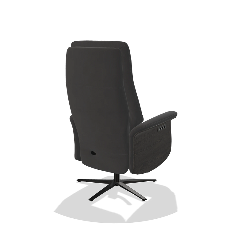 Recliner Atlas 6685 in Leather B905 (anthracite), tobacco wood side panels, black metal base, back angled view