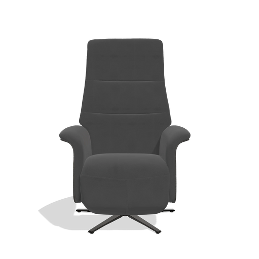Sillón reclinable Atlas 6685 en Piel B905 (antracita), paneles laterales de madera en tabaco, base metálica en negro, vista frontal