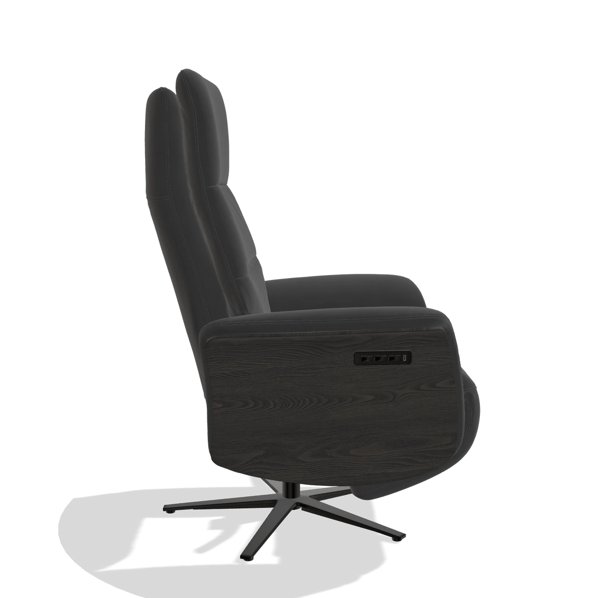 Recliner Atlas 6685 in Leather B905 (anthracite), tobacco wood side panels, black metal base, side view