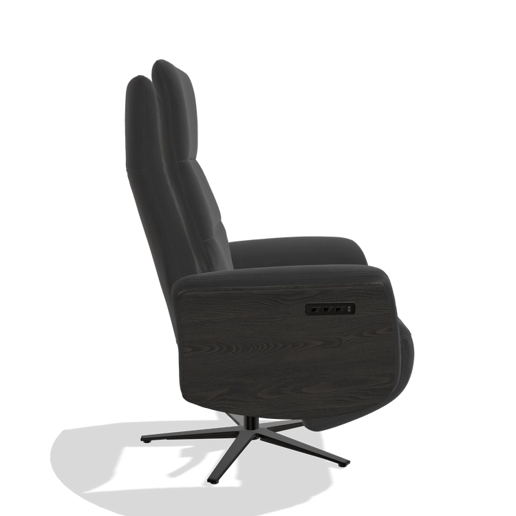 Recliner Atlas 6685 in Leather B905 (anthracite), tobacco wood side panels, black metal base, side view