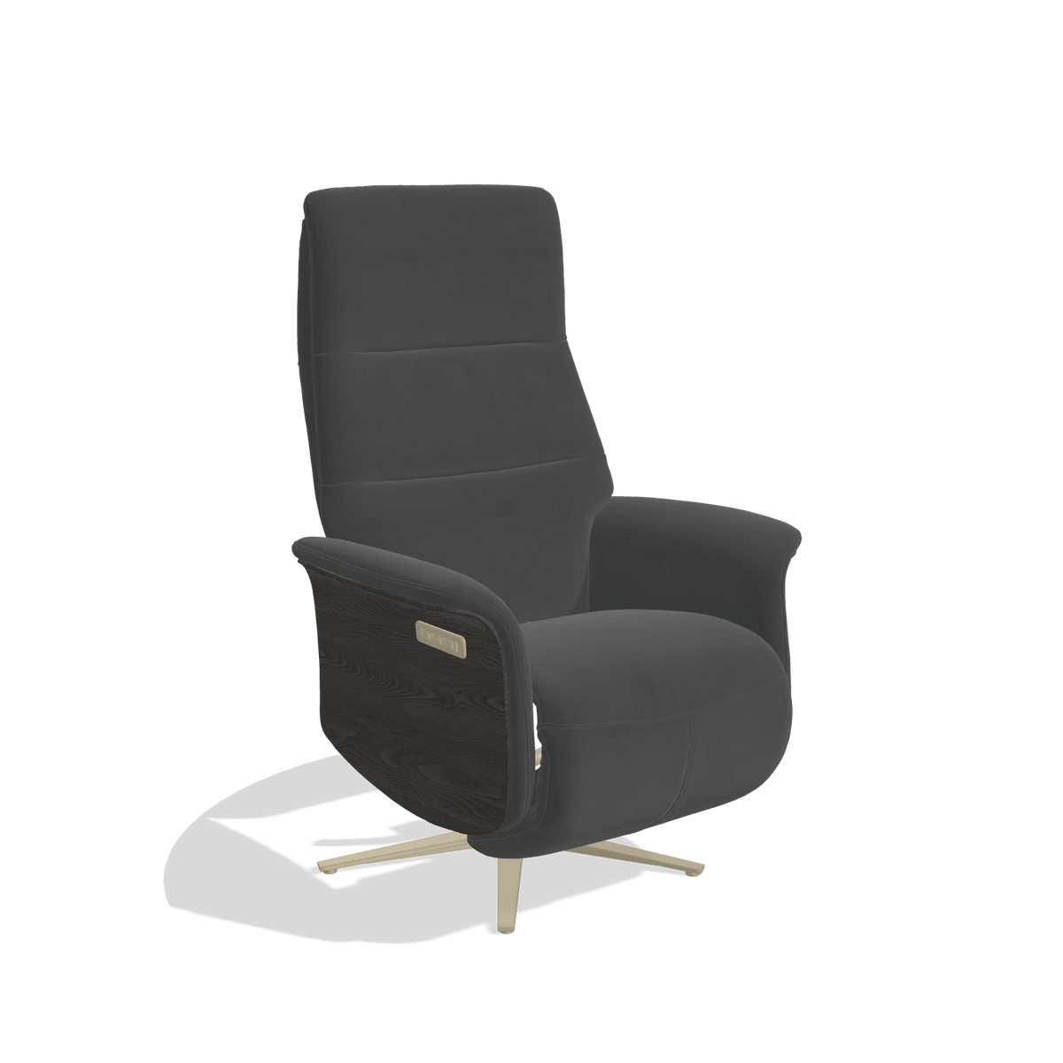 Recliner Atlas 6685 in Leather B905 (anthracite), tobacco wood side panels, champagne metal base, angled view