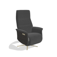Recliner Atlas 6685 in Leather B905 (anthracite), tobacco wood side panels, champagne metal base, angled view