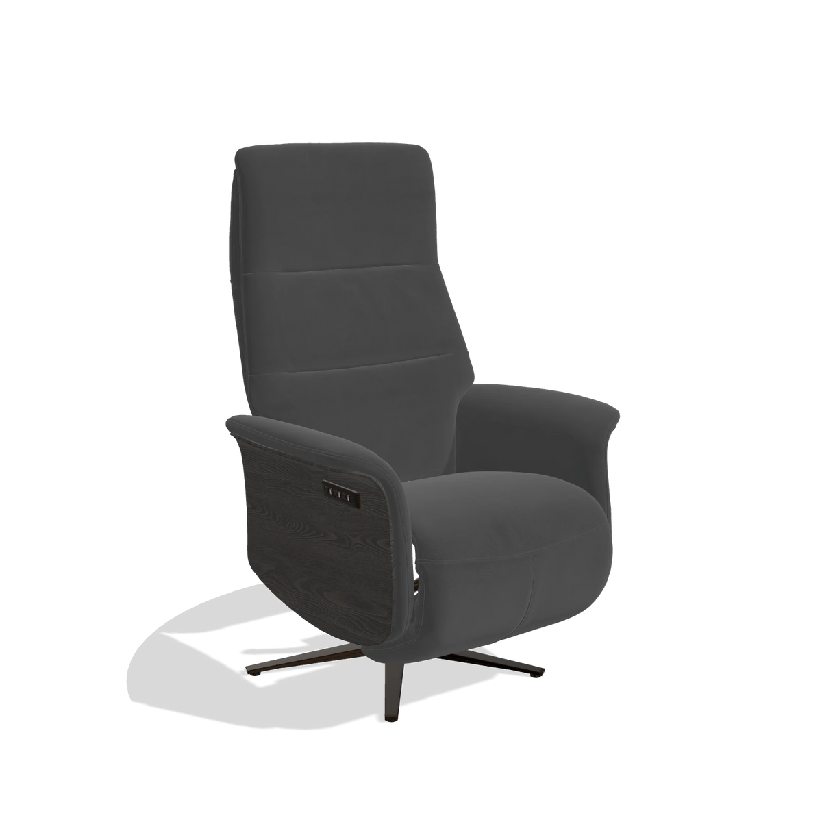 Recliner Atlas 6685 in Leather B905 (anthracite), tobacco wood side panels, espresso metal base, angled view