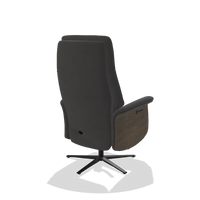 Recliner Atlas 6685 in Leather B905 (anthracite), walnut wood side panels, black metal base, back angled view
