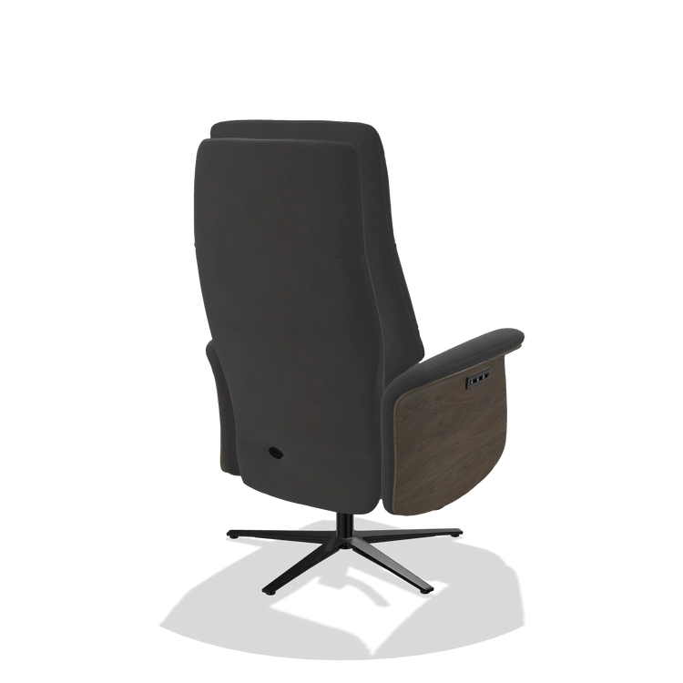Recliner Atlas 6685 in Leather B905 (anthracite), walnut wood side panels, black metal base, back angled view
