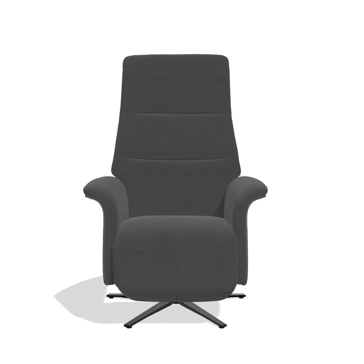 Recliner Atlas 6685 in Leather B905 (anthracite), walnut wood side panels, black metal base, front view