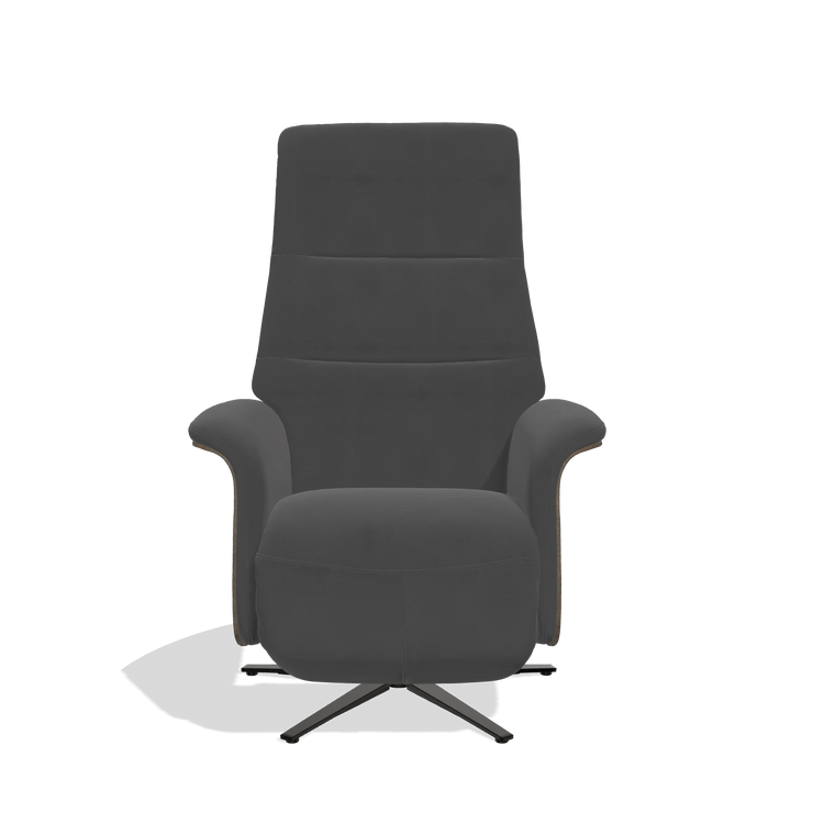 Recliner Atlas 6685 in Leather B905 (anthracite), walnut wood side panels, black metal base, front view