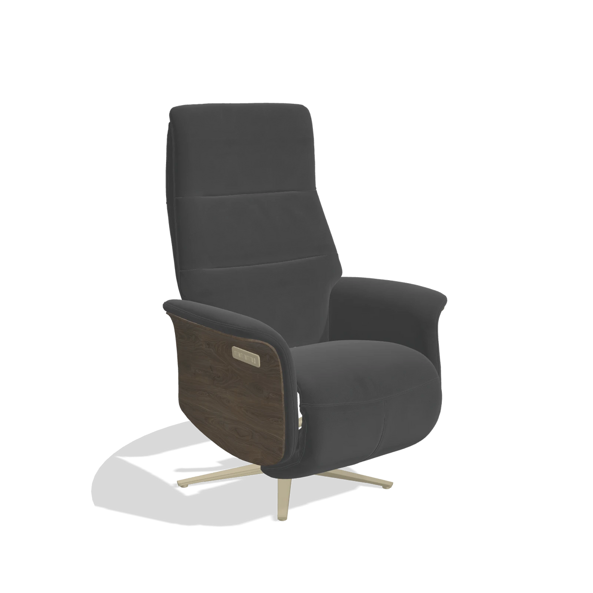 Recliner Atlas 6685 in Leather B905 (anthracite), walnut wood side panels, champagne metal base, angled view