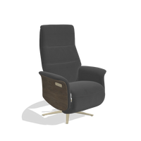 Recliner Atlas 6685 in Leather B905 (anthracite), walnut wood side panels, champagne metal base, angled view