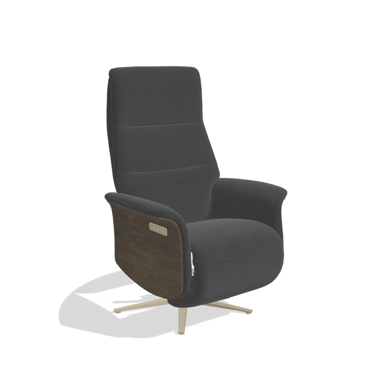 Recliner Atlas 6685 in Leather B905 (anthracite), walnut wood side panels, champagne metal base, angled view