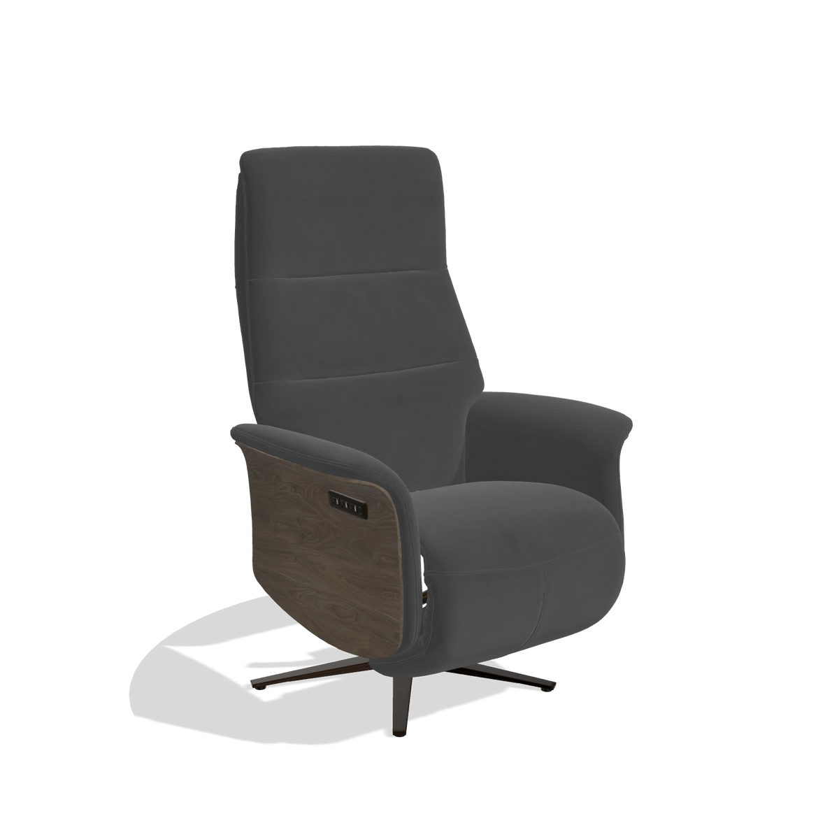 Recliner Atlas 6685 in Leather B905 (anthracite), walnut wood side panels, espresso metal base, angled view