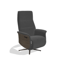 Recliner Atlas 6685 in Leather B905 (anthracite), walnut wood side panels, espresso metal base, angled view