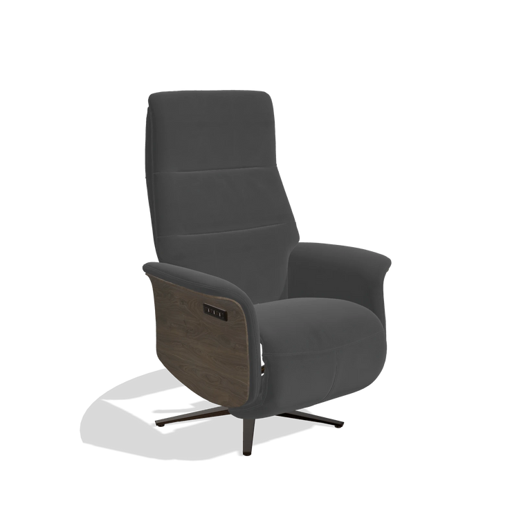 Recliner Atlas 6685 in Leather B905 (anthracite), walnut wood side panels, espresso metal base, angled view