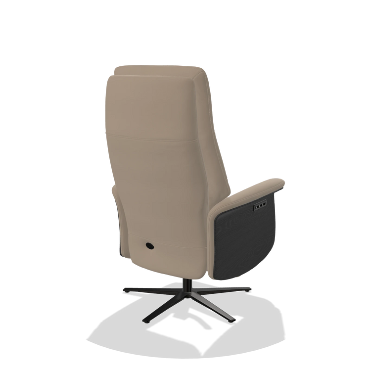 Recliner Atlas 6685 in Leather B911 (sand), black wood side panels, black metal base, back angled view