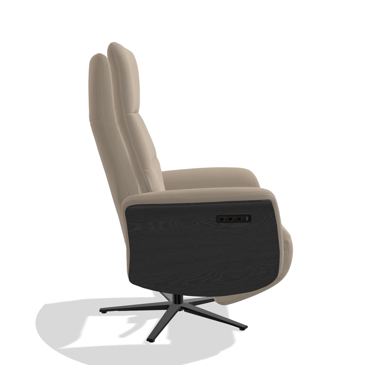 Recliner Atlas 6685 in Leather B911 (sand), black wood side panels, black metal base, side view